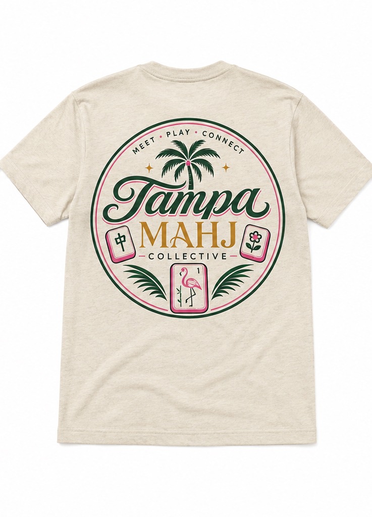 Tampa Mahj Collective tee with the Meet · Play · Connect back badge