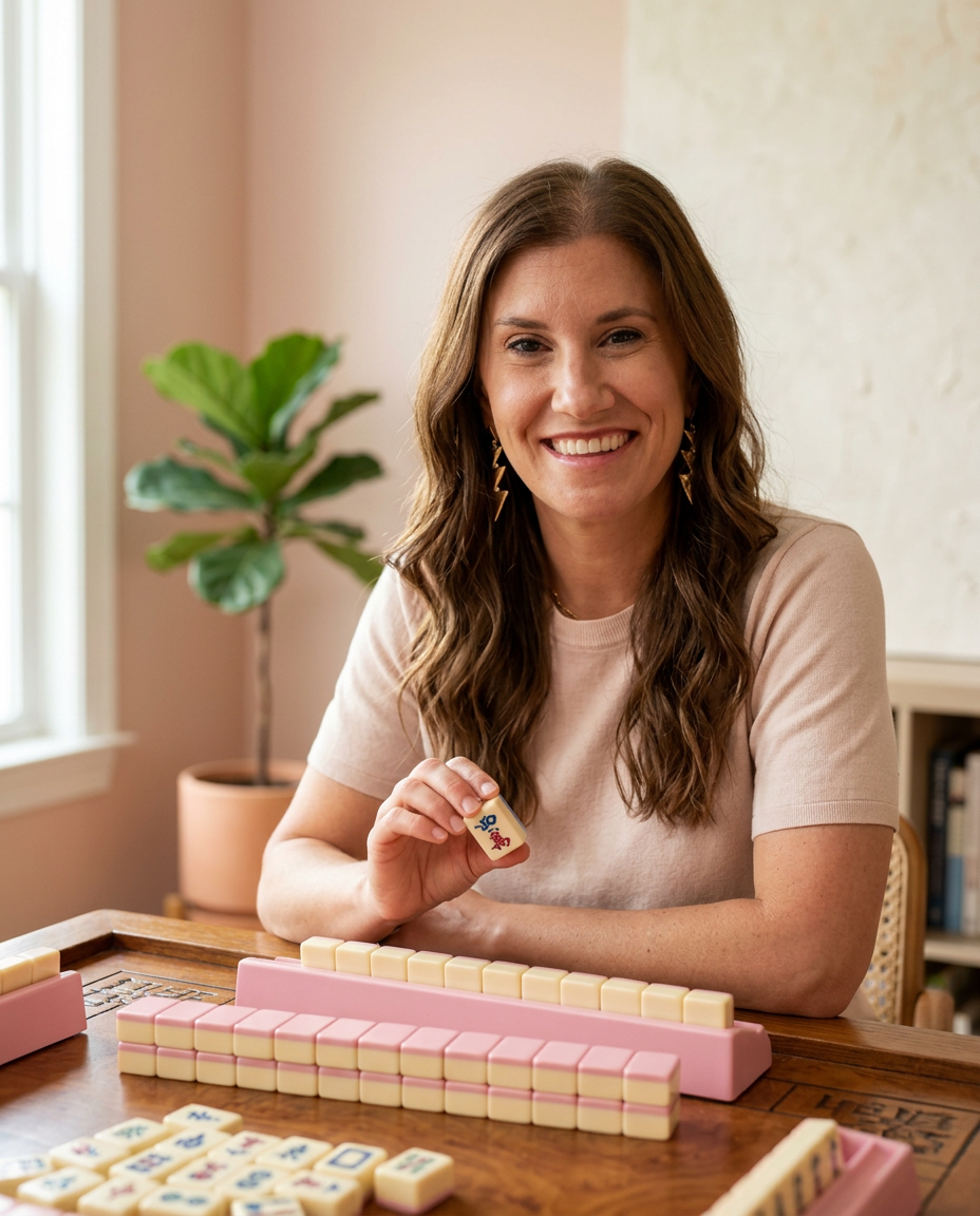 Professional photo of the Mahjong instructor smiling at a tile table